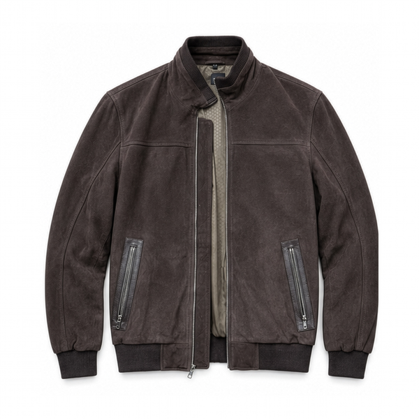 front view of men’s chocolate brown suede bomber jacket