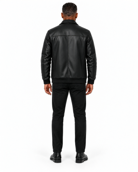 Back view of men’s black genuine leather jacket featuring smooth leather construction, center seam detail and ribbed waistband.