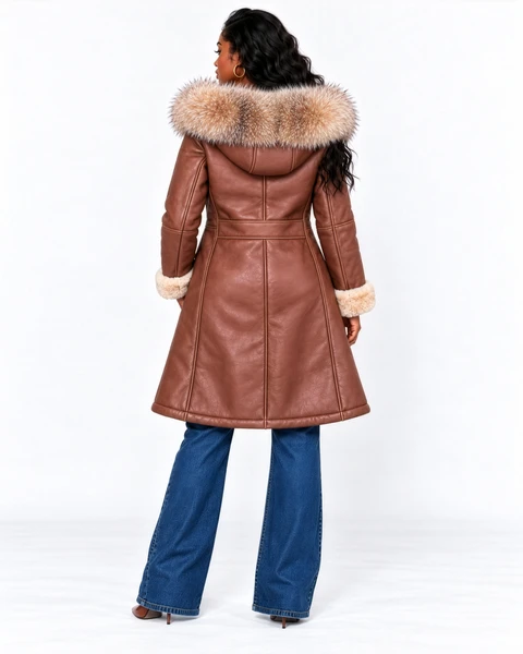 Back view of women’s cognac sheepskin coat showing the flared A-line silhouette and oversized fox fur-trimmed hood.
