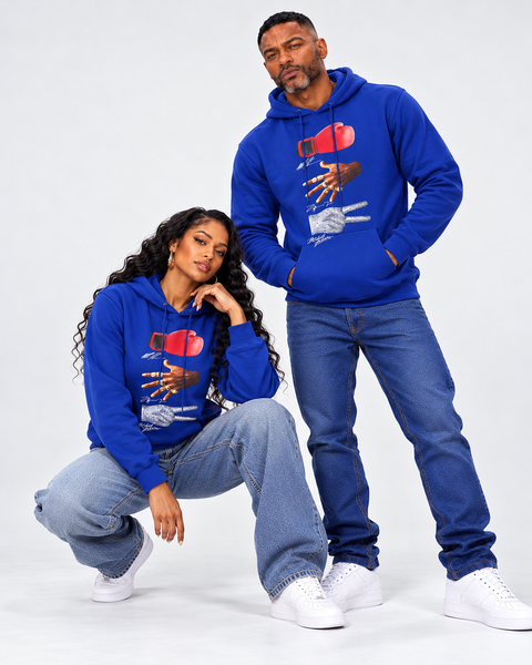 Man and woman model wearing a graphic hoodie