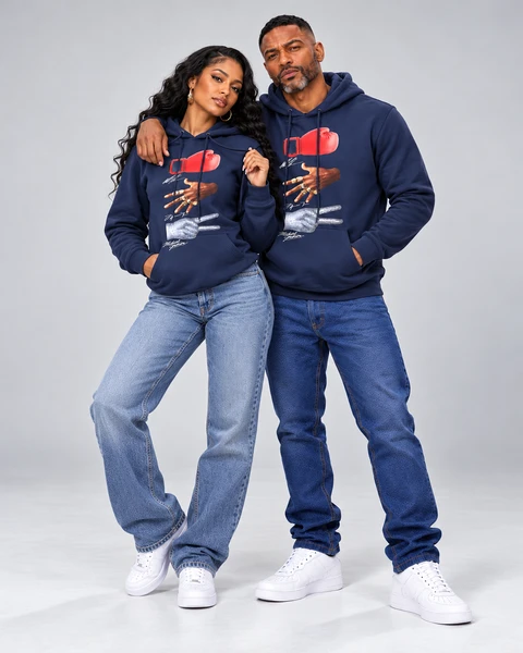 man and women wearing a unisex Tyson Jordan Jackson navy blue graphic hoodie