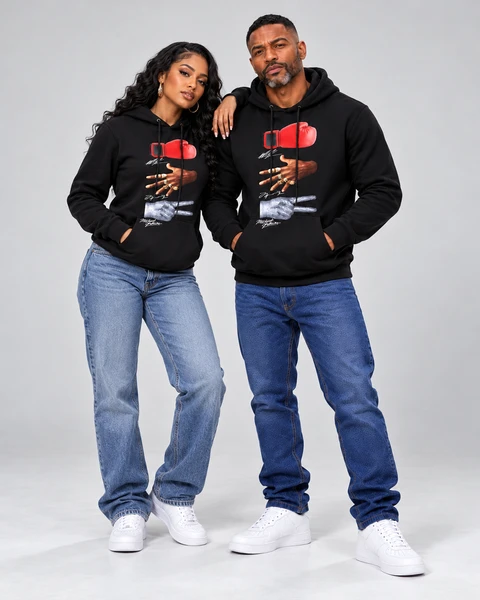 man and woman model wearing Tyson Jordan Jackson The Goats Black Hoodie