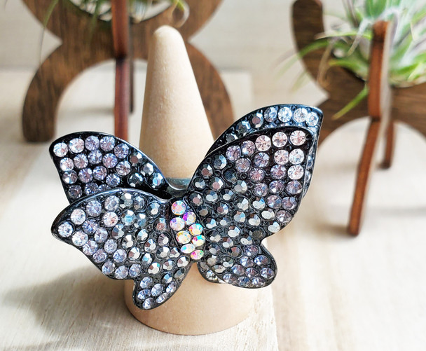 Icy Two Layered Black Stoned Butterfly Ladies Ring