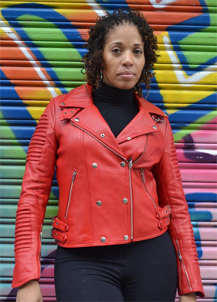 Ladies Ribbed Red Motorcycle Leather Jacket