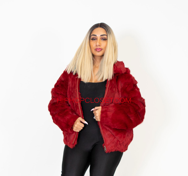 red fluffy cropped jacket