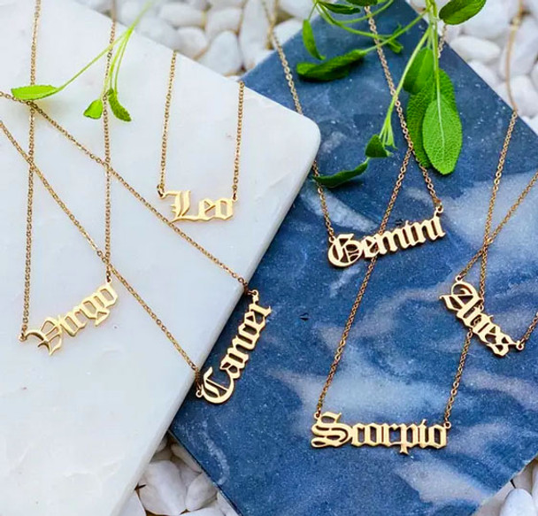 What's your Zodiac sign old english necklace