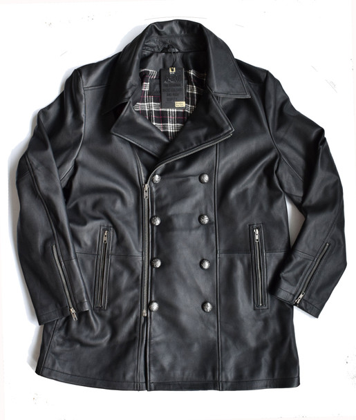 Double Breasted Black Leather Pea Coat 