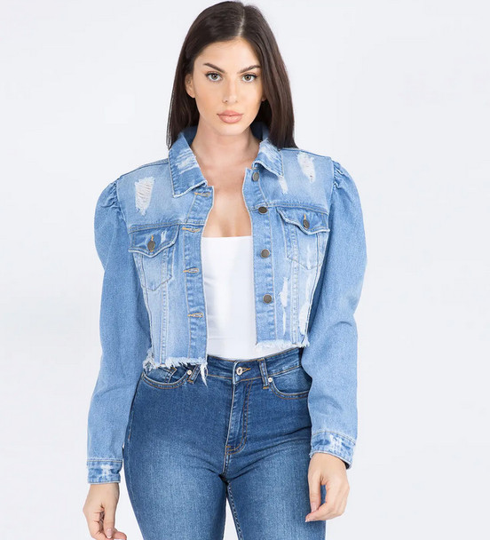 Light Blue Puff Sleeve Denim Jacket 