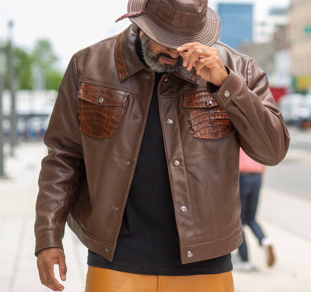 Brown Leather Jacket with Alligator trim