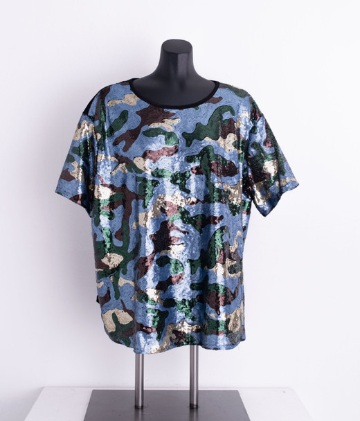 front view of a camouflage sequin top for women