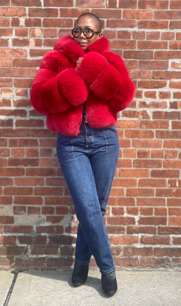cropped red faux fur jacket