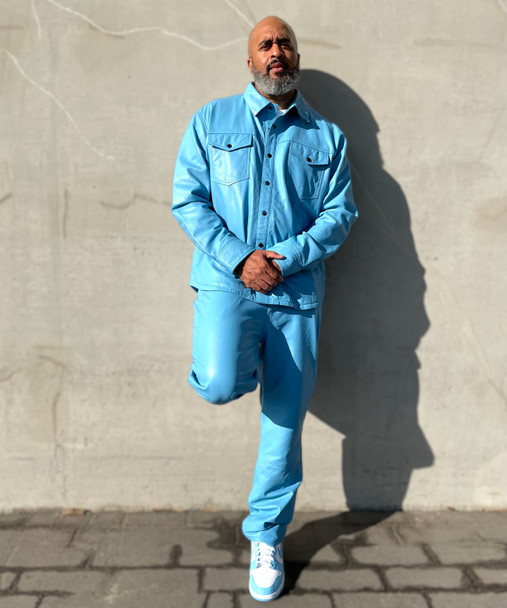 Powder Blue Mens Butter Soft Leather Pants and Top Set 