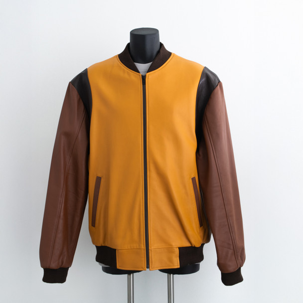 front view of Brown and Gold Varsity look Leather Jacket