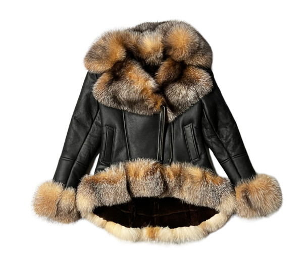 Black Brown High Low Sheepskin Ladies Coat with Fur Trim 