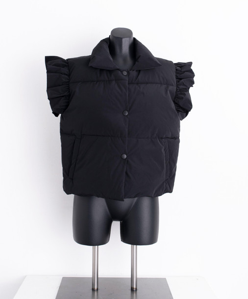 Women's Ruffle Sleeve Black Puffer Vest trending now 