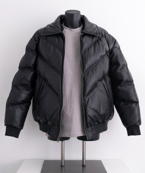 Black V Style Puff Bomber Leather Jacket
