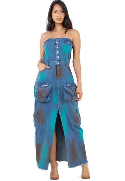 Denim Tube Top Dress with Cargo Pockets