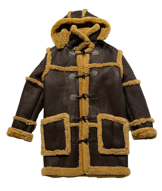 Men’s brown three-quarter sheepskin coat with toggle buttons front view