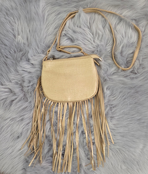 Women's metallic gold fringe crossbody purse with croc embossed texture