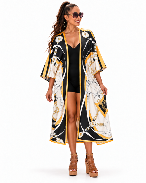 model wearing Elegant long duster kimono with luxury-inspired chain print