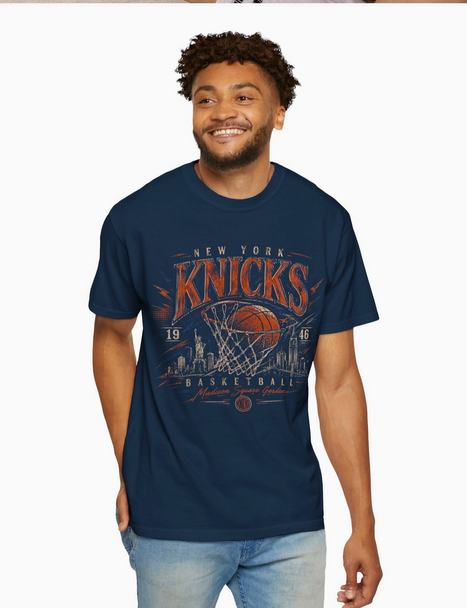 Vintage New York basketball graphic T-shirt in navy blue with retro basketball artwork