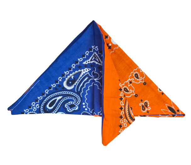 Sugar Cilantro reversible orange and blue paisley triangle bandana made from 100% cotton