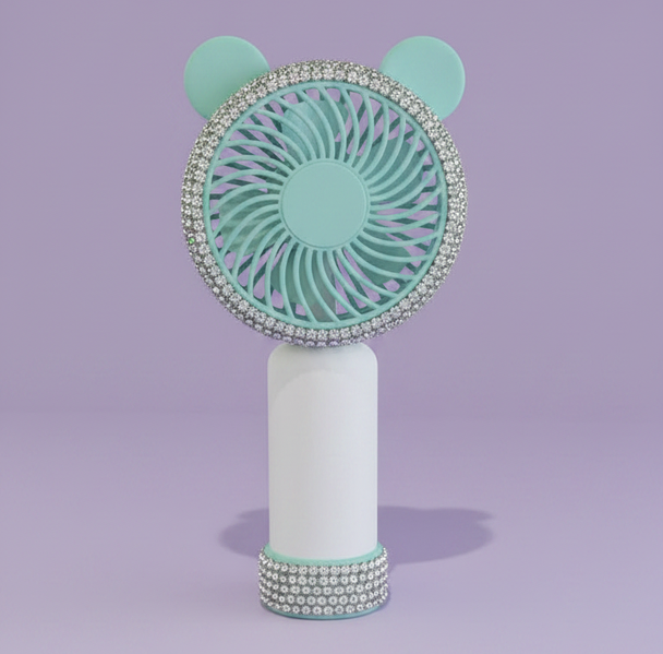 urquoise rhinestone handheld personal cooling fan with matching lanyard