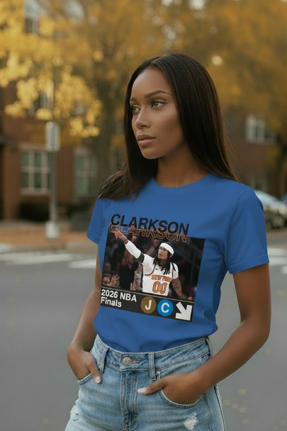 Orange Clarkson 2026 NBA Finals graphic t-shirt featuring a basketball-inspired front print on a premium cotton crew neck tee.