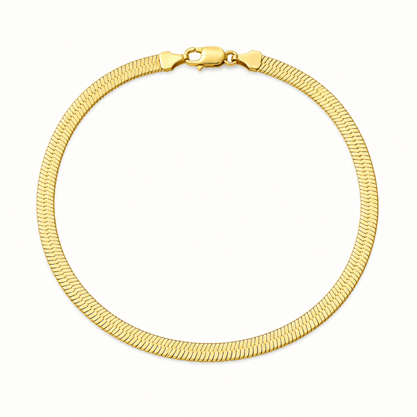 Gold plated herringbone anklet featuring a 9.5-inch flat chain design with a secure lobster clasp on a white background.