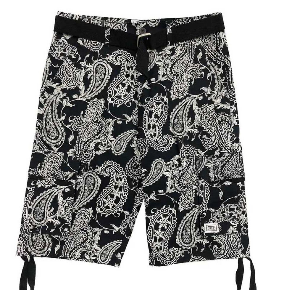 Mens Belted Black Paisley shorts | HipHopCloset.com