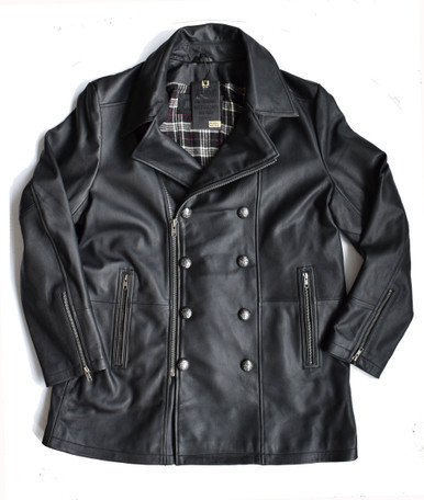 Double Breasted Black Leather Pea Coat