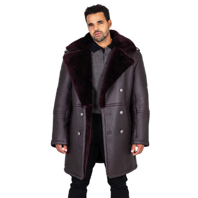 Burgundy Double Breasted Sheepskin Pea Coat | hiphopcloset.com
