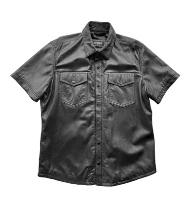 トップス archive leather short sleeve shirt Black_leather_short_sleeve_shi