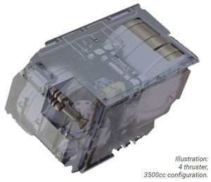 PEREGRINE Smallsat Bipropellant Thruster transparent 3d model 4 thruster 3500cc configuration propulsion system - Orbital Transports SmallSat Catalog PEREGRINE Smallsat Bipropellant Thruster transparent 3d model 4 thruster 3500cc configuration propulsion system - Orbital Transports SmallSat Catalog