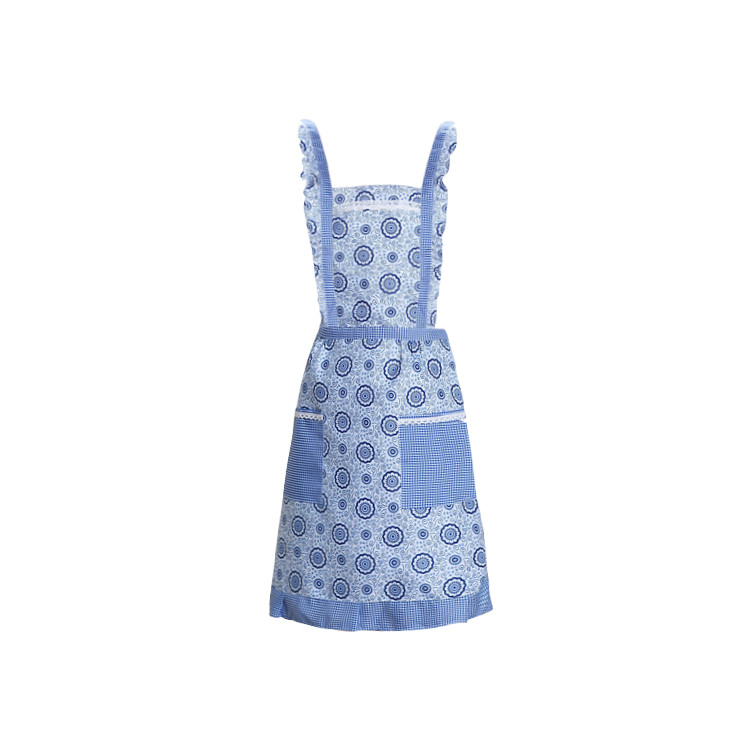 APA1197 Chinese Style Light Blue Tone Floral Print Polyester Apron with Convenient Pockets