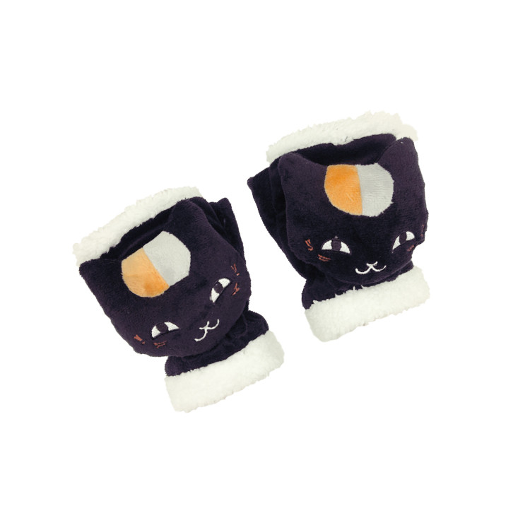 APG1166 Black Plush Half Finger Mitten with Cute Cat Pattern and White Trim