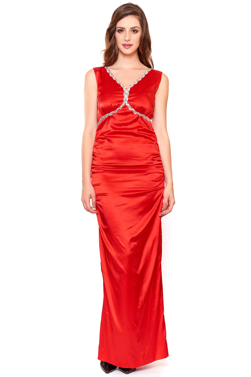 red and silver formal dresses Burgundy Shiny Satin V-neck High Slit A-line Formal Dresses, CP0715 –  clover sew main image 1