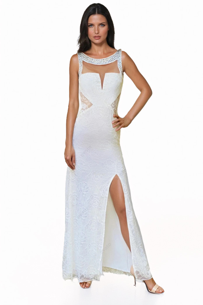WHITE LACE DRESS WITH WAIST CUTOUT AND BEADED NECKLINE