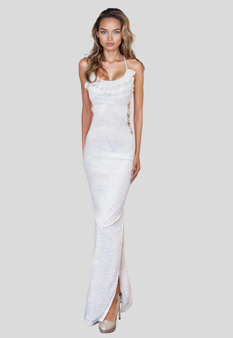 White Spaghetti straps cutout waist gown with floral embroideries