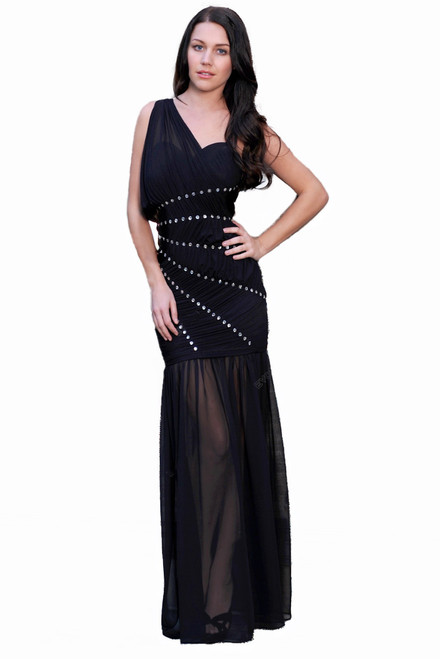 Atina Collection One shoulder diagonal beads goddess gown