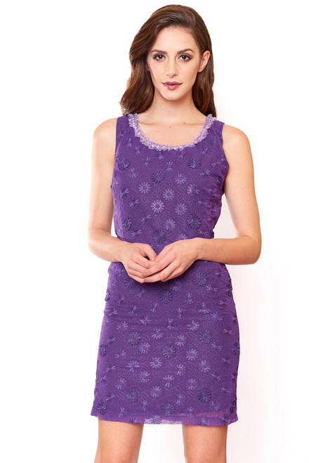 Purple flower embroideries Cotton Dress