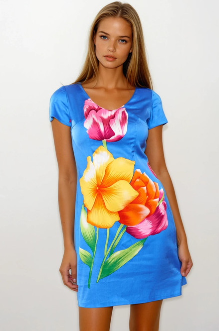 Blue Silk Blooming Floral print Dress