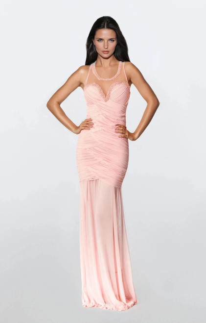 Pink Belle beaded Sheer neckline pleated bodice gown