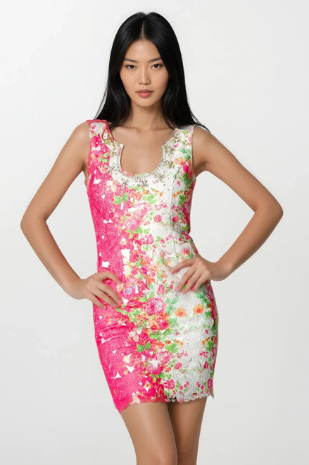 Pink White Lace rose dream floral print cocktail dress