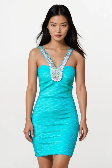 Blue Jeweled halter embossed dress