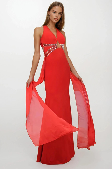 Red Wing Beaded strappy waist Gown with waist cutout and X back 