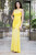 Yellow beaded illusion neckline pleated bodice gown