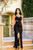 Cassandra Black lace slit gown with beaded collar and sheer waist