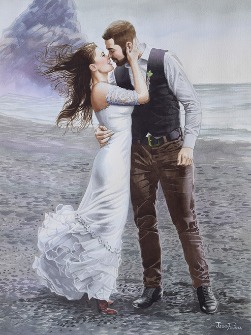 Beach Wedding First Kiss Painting