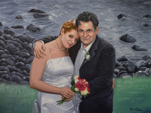 Wedding Portrait Painting of Couple Hugging